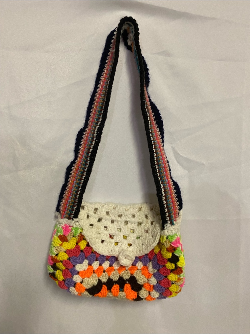 Handmade Multicolor Crochet Crossbody Bag with Cream Flap